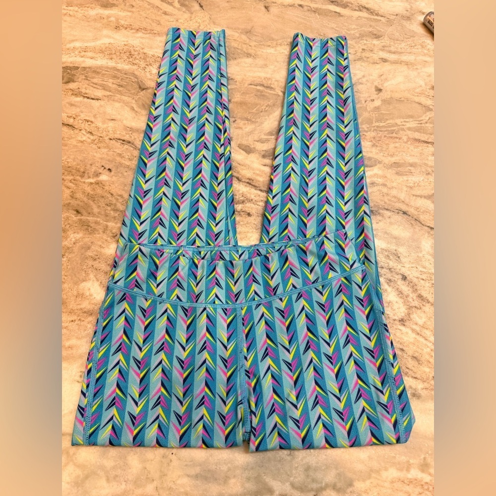 Reebok Turquoise Chevron Print Athletic Leggings Size L Workout Yoga Pants